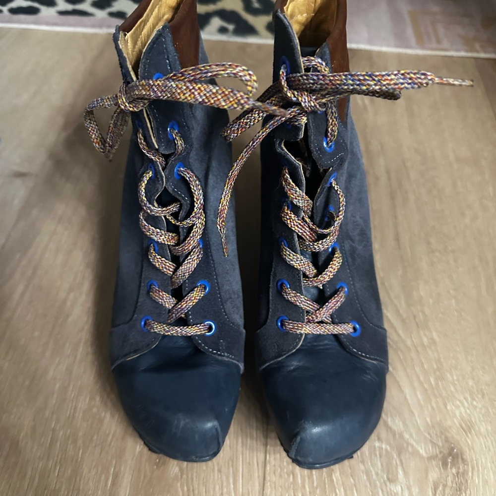 John Fluevog Prepare Hi Ankle Boot …. Blue and Brown Lace Up Boots